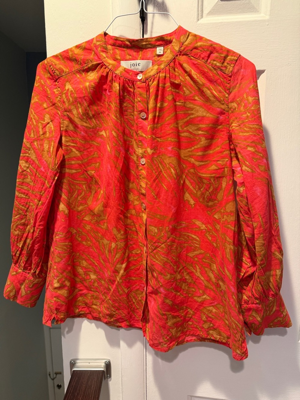 Joie Coral and Gold-Print Button Front Blouse